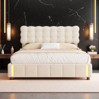 OEM Cama 140x190 - Cama Con Cofre Hidr&aacute;ulico - Cabecero De Terciopelo Beige - Luz De Inducci&oacute;n - 2 Plazas