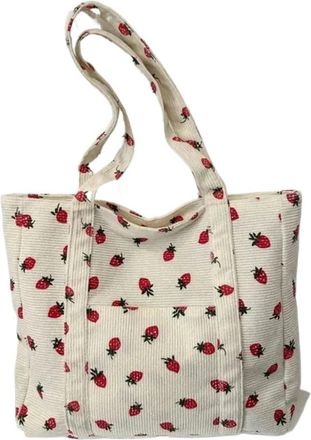 Generic MTKSFDC Corduroy Tote Bag Corduroy Handbag Strawberries Beach Bag Versatile Shoulder LargeCapacity Simple Commuter Womens Tote(White)