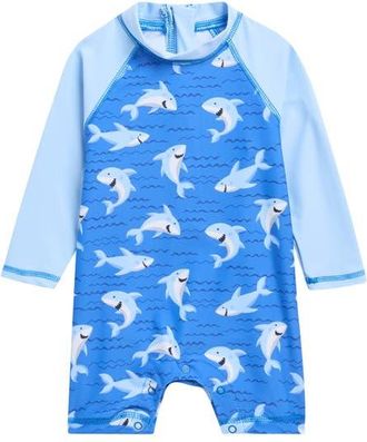 Little Me Long Sleeve UPF 50+ One-Piece Rashguard Swimsuit in Blue at Nordstrom, Size 6-9M
