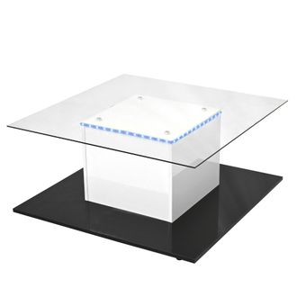 STILVORA Mesa De Centro Con Ruedas Y Tira Led, Tablero De Vidrio Templado, Acabado Brillo Blanco Y Negro, 80&times;80&times;40 Cm