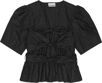 Ganni BLACK STRETCH COTTON TIE STRAP BLOUSE - Ganni - Woman