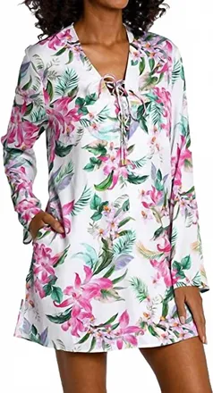 La Blanca Mystic Palms Tunic Swim Cover Up In White/hot Pink