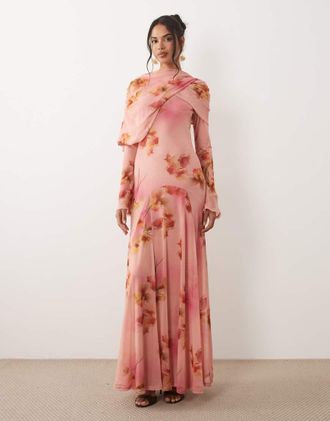 Asos Vestito lungo a maniche lunghe rosa a fiori-Multi