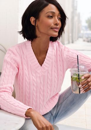 Lascana V-Ausschnitt-Pullover LASCANA, Damen, Gr. 32/34, ros&eacute;, Strick, Obermaterial: 50% Baumwolle, 50% Polyacryl, Zopfmuster, figurumspielend h&uuml;ftlang, V-Aus