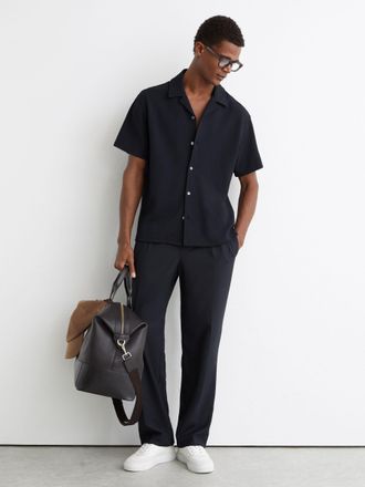 Reiss Navy Textured Cuban-collar Shirt, 2XL