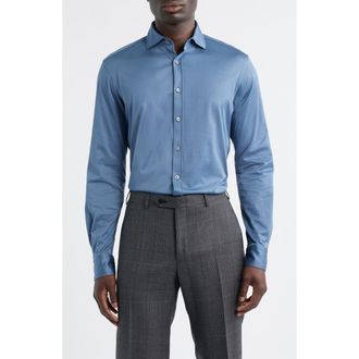 Canali Regular Fit Cotton Jersey Button-Up Shirt in Blue at Nordstrom, Size X-Large