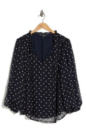 Adrianna Papell Ruffle Long Sleeve Top in Navy/Ivory Timeless Dot at Nordstrom Rack, Size 1X