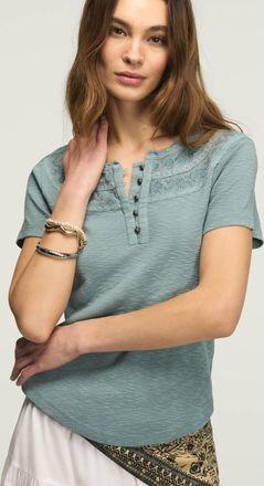 Lucky Brand Womens Embroidered Yoke Henley Tee