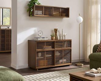 Castlery Vento Storage Cabinet, 47.2, Slated Sliding Doors, Modular, Brown, Castlery