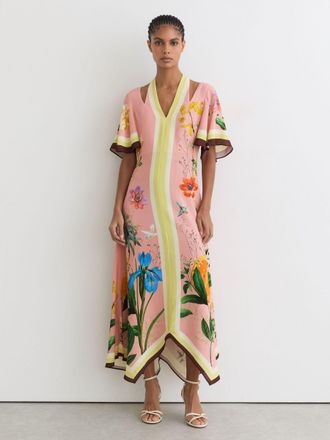 Reiss Pink Floral-print Cut-out Midi Dress, 10