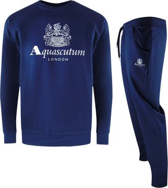 Aquascutum Mens Old School Crewneck Navy Blue Track Pants Set Cotton - Size X-Large