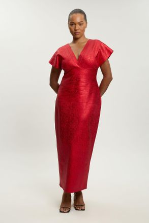 Karen Millen Womens Plus Size Foil Metallic Figure Form Angel Sleeve Knit Maxi Dress - Red - Size 20 UK