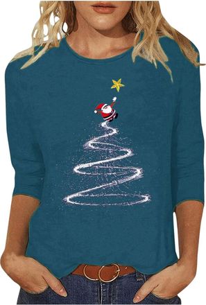 Generic Christmas Tops for Women UK Casual 3/4 Sleeve Crew Neck Tunic Shirts Funny Xmas Print Blouse Dressy Lightweight Holiday Clothes Comfy T-Shirt 2025 Fas