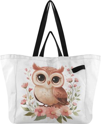 Generic Pink Floral Owl pattern Reusable Canvas Tote Bag, Heavy Duty Grocery Shopping Bag with Double Handles Large Capacity Hard Bottom Work Groceries Travel