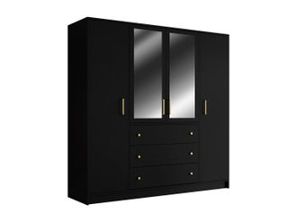 Vente-Unique Armario de 4 puertas y 3 cajones - Con espejos - Ancho 196 cm - Negro - LIZANDRO