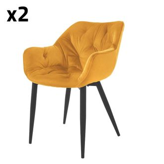ML Design 2x Sillas de comedor amarillo mostaza tapizado respaldo y apoyabrazos