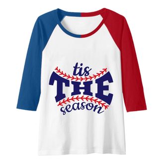 Generic Casual T Shirt Tops for Women Girl 2024 Womens Baseball T Shirt Color Block Print T Shirt Casual Crew Neck Three Quarter Sleeve T Shirt for Spring & F