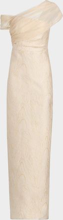 Theia Zara One-Shoulder Metallic Jacquard Column Gown