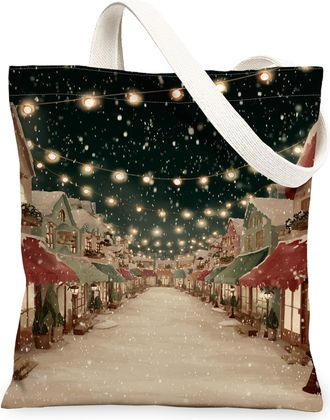 Generic Winter Canvas Tote Bags, Snowy Street Design Reusable Grocery Bags, Vintage Lightweight Washable Shoulder Strap Canvas for, Multicolor, 13x15 Inch