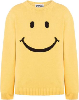 Moschino Gele Gebreide Trui met Smiley Gezicht - Heren - Ronde hals truien - Geel - M - Katoen - Truien & Vesten
