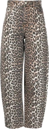 Ganni Bedrukte wijde denim broek - Dames - Broeken - Bruin - Maat: W27 Denim