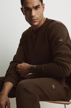 Alo | Waffle Lounge Long Sleeve Crewneck Top in Espresso Brown, Size: Medium
