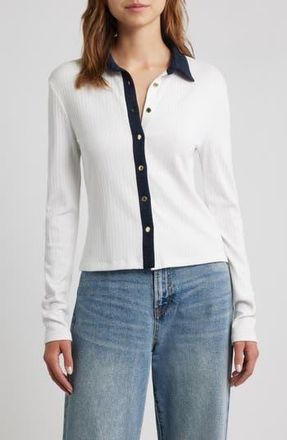 Rag & Bone Contrast Trim Rib Button-Up Shirt in White at Nordstrom Rack, Size X-Large