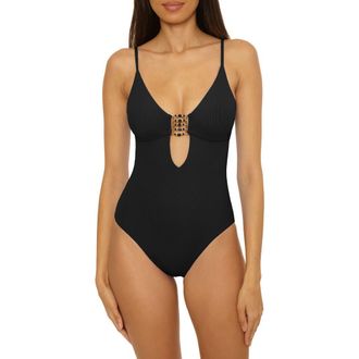 BECCA by Rebecca Virtue Modern Edge Beaded Cutout Rib One-Piece Swimsuit in Black at Nordstrom Rack, Size Large