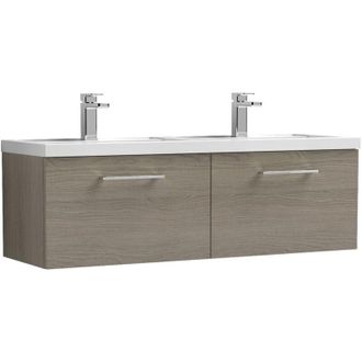 Nuie Nuie - Arno Solace Oak Woodgrain 1200mm Wall Hung 2 Drawer Vanity Unit and Double Polymarble Basins - ARN2522C