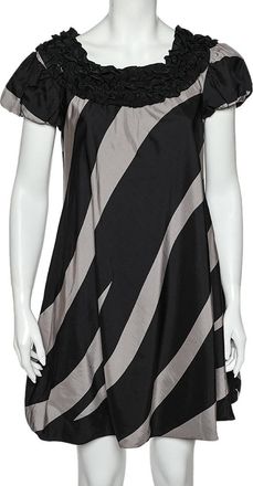 Moschino Cheap And Chic Monochrome Striped Silk Ruffled Neck Detail Mini Dress