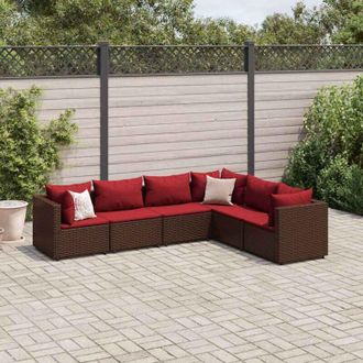 vidaXL Set Muebles De Jard&iacute;n 6 Piezas Y Cojines Rat&aacute;n Sint&eacute;tico Marr&oacute;n Vidaxl