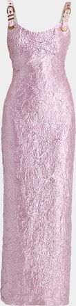 Versace Crushed Silk-Satin Buckle Gown
