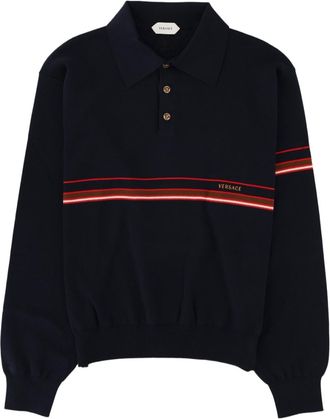 Versace Blue Polo Collar Striped Cotton Sweater
