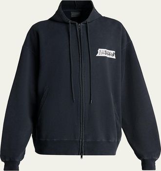 Balenciaga Mens Masking Tape Oversized-Fit Faded Fleece Full-Zip Hoodie
