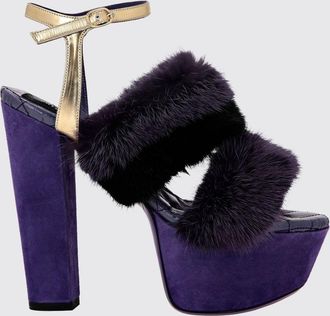 Philipp Plein Sandali con plateau a righe in pelle scamosciata e pelliccia