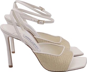Jimmy Choo London Woven Accent Ankle Strap Sandal Heels in White Raffia