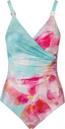 Seaspray Positano Classic Floral Mock Wrap Swimsuit One Piece Swimming Costume- (Tall Size 16, Blue and Pink)