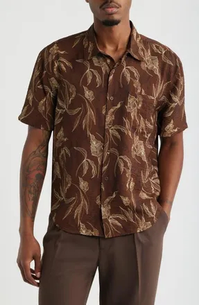 Open Edit Sketched Leaves Print Relaxed Short Sleeve Button-Up Shirt in Brown Sketched Leaves at Nordstrom, Size Xx-Large