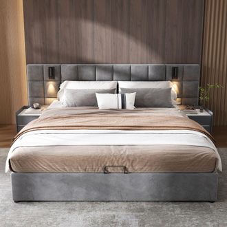 Matteo Upholstered King Bed with Hydraulic Storage & USB Charging in Grey | Size: Double