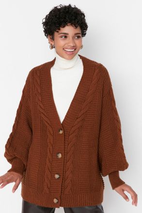 Trendyol Modest Dames Bruin Kabelgebreid Lang Oversized Modest Vesten