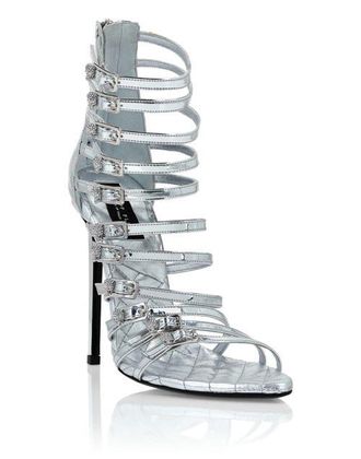 Philipp Plein Mirror Leather Sandals High Plein Heels Skull Women in Silver at Nordstrom, Size 37