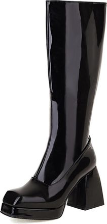 Generic Womens Knee-High Platform Block Heel Boots Square Toe Shiny Patent PU Leather Stylish Comfortable For Night Out Party And Daily Casual Wear,Black,6.5 