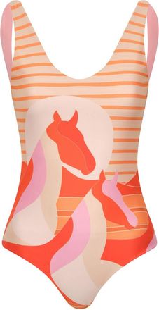 Juan de Dios Womens Olympic Open Back One Piece Swimsuit In Orange Horses