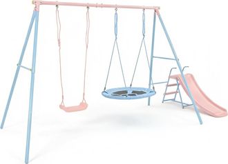 STILVORA Parque Infantil Con Doble Columpio Y Tobog&aacute;n Para Jard&iacute;n, Asiento Cl&aacute;sico Y Columpio Redondo De Acero Azul Y Rosa