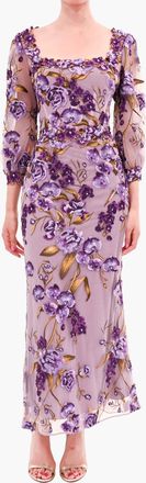 Marchesa Bronix Botanicals Long Sleeve Midi Dress In Purple