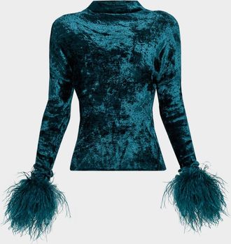 Sally Lapointe Velvet Dolman-Sleeve Feather-Cuff Top