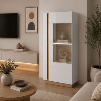 Dmora Vitrina Kato, Mueble Expositor 2 Estantes, Una Puerta, Con Led, 72x40x154h Cm Blanco Brillante