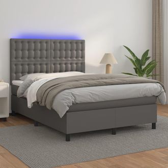 vidaXL Vidaxl - Cama Box Spring Colch&oacute;n Y Led Cuero Sint&eacute;tico Gris 140x190 Cm