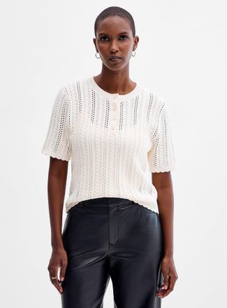 Contemporaine Womens Scalloped trim Henley Shirt collar openwork sweater