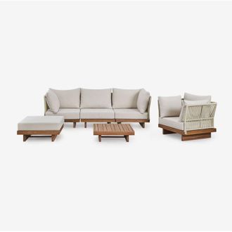 Sklum Conjunto De Jard&iacute;n Con Sof&aacute; Modular De 3 Piezas De 2 Sillones Esquineros,mesa De Centro,sill&oacute;n Y Puff En Madera De Acacia Dailin Sklum